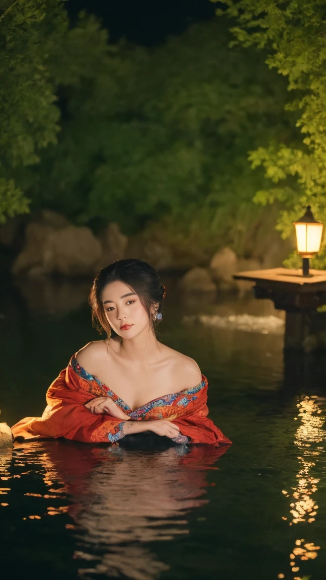 ((best quality, 8k, masterpiece :1.3)), Beautiful geisha in kimono.Bare shoulders, ((whole body)),Lying on a small boat.  By the waterfall lake. Night view. Moon decoration. #Top angle shot（dark light）_Snapshot, photo, High resolution, 4K, 8k, Scenery background)) Mix 4, 20 days_tattoo face texture. tattoo hand. Tattoo on the chest. shoulder tattoo.