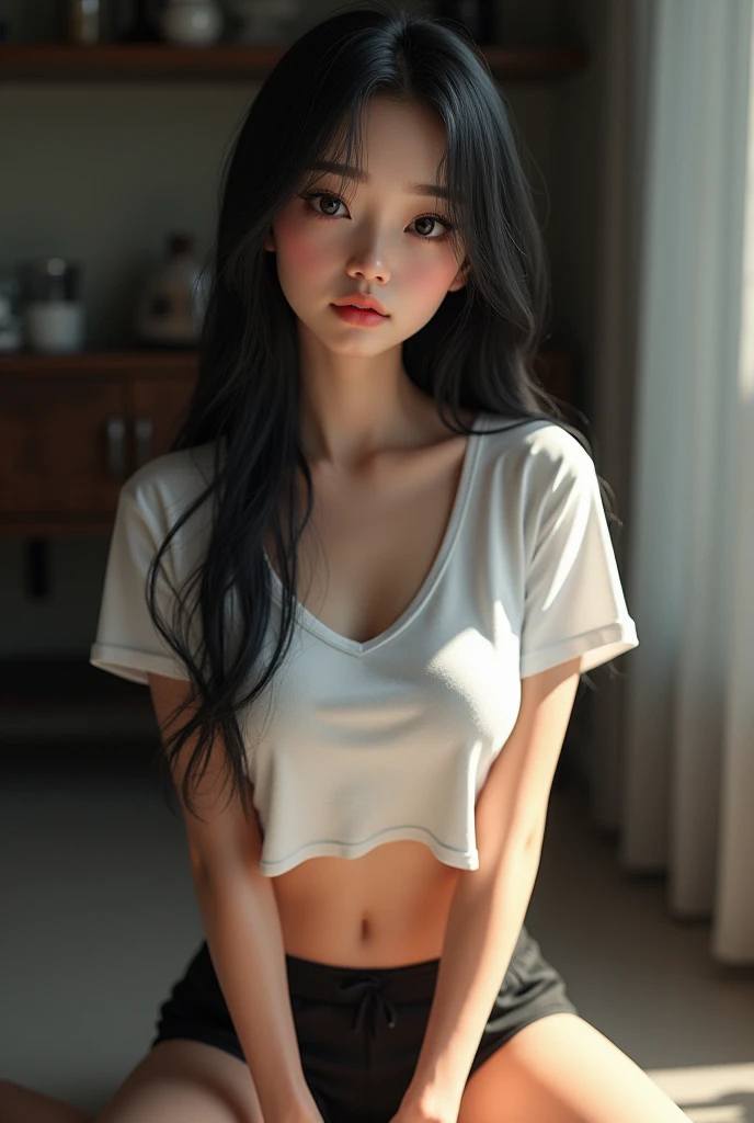 asian female wearing underwear with t shirt on covering whole torso