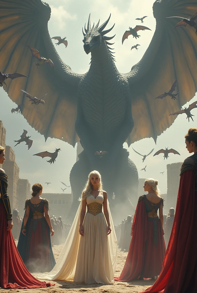 RPG of young Daenerys Targaryen in white and gold Greek style dress along with Rhaenyra Targaryen in red and black dress and Rhaenys Targaryen in red and black armor with dragons in the glory of ancient Valyria behind them the giant dragon Balerion the black terror and countless black dragons, purple, greens and golds flying over the sky 