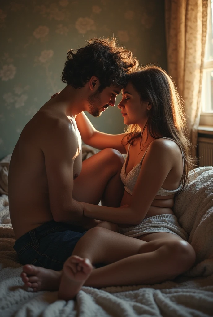 (photorealism:1.2), beautiful girl and boy lip kiss and hug, sitting on bed, wearing loose off-shoulder top, with out clothes
, long curly hair, indoors, soft lighting, toys in background, window with sunlight, cozy room, kissing pose, realistic, intricate details, sliping style