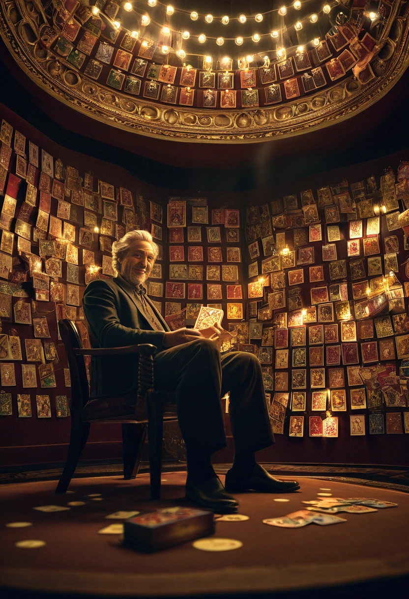 (a Card Game:1.2), A card collector is in a dimly lit room surrounded by walls full of precious cards. He was holding a rare card in his hand, with a proud smile on his face. Using side lighting and local illumination to highlight the collector's focus and card details, dynamic movement, full body, award-winning, cinematic still, emotional, dynamic, vivid, (masterpiece, best quality, photorealistic, Professional, perfect composition, very aesthetic, absurdres, ultra-detailed, intricate details:1.3)