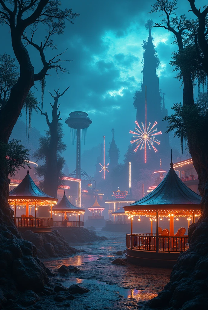 Illuminated amusement park、Wonderland is deserted