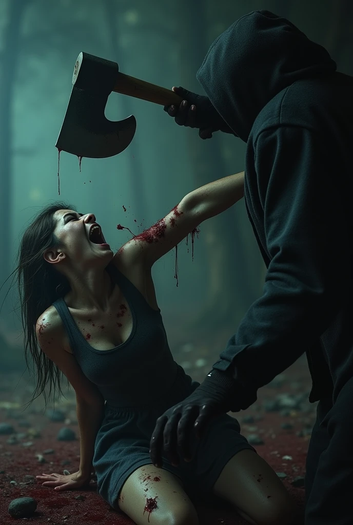 A woman being murdered with an axe 