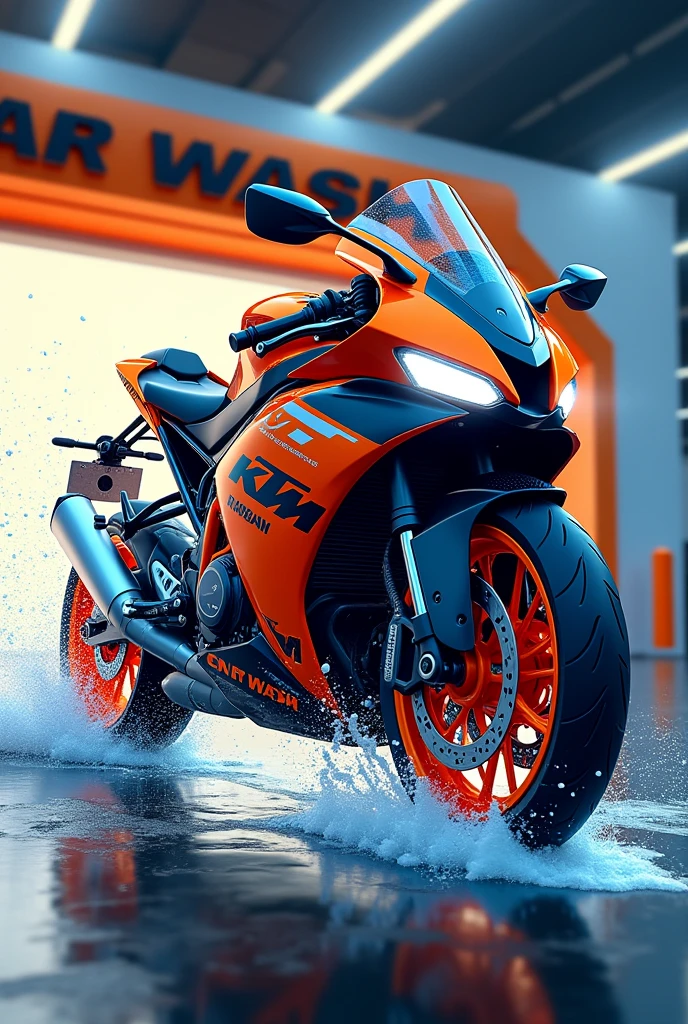 Sign for a motorcycle car wash business that has a KTM 450 in the image