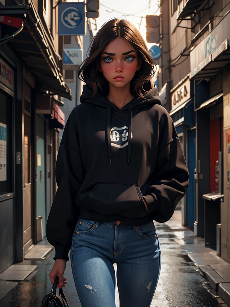 a pretty young brunette girl, 22 years old, wearing a black hoodie and blue jeans, walking down an urban street, pensive and slightly sad expression, detailed facial features, detailed eyes and lips, intricate urban background, moody lighting, cinematic composition, photorealistic, high quality, 8k, ultra-detailed
