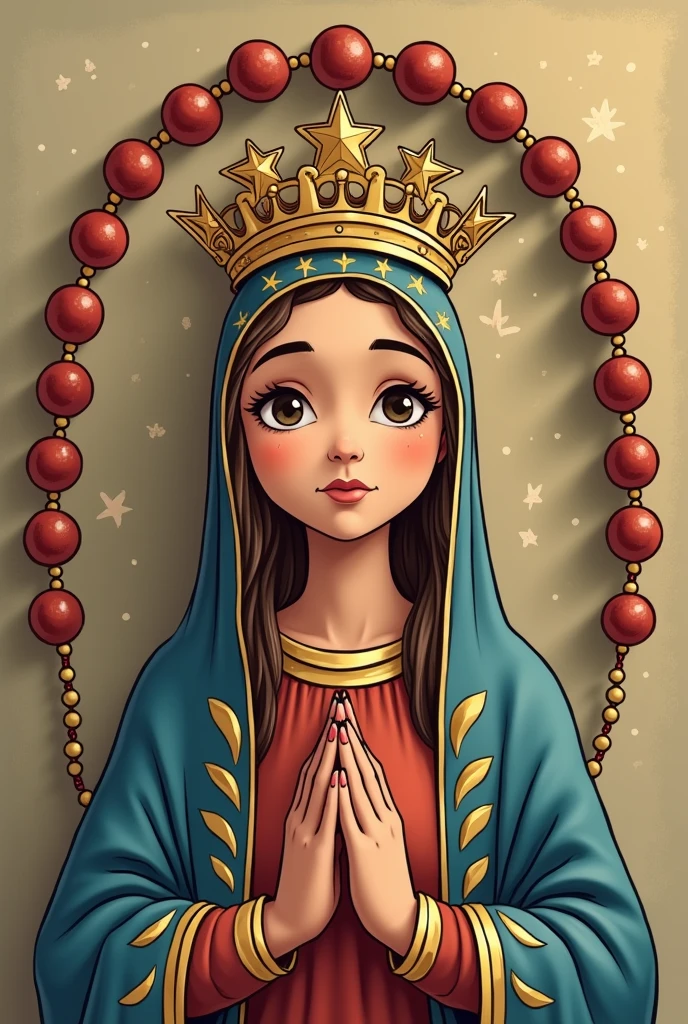 brown round rosary with the virgin fatima in the middle with the star crown around her head with beautiful colors make it cartoon style but not too cartoon