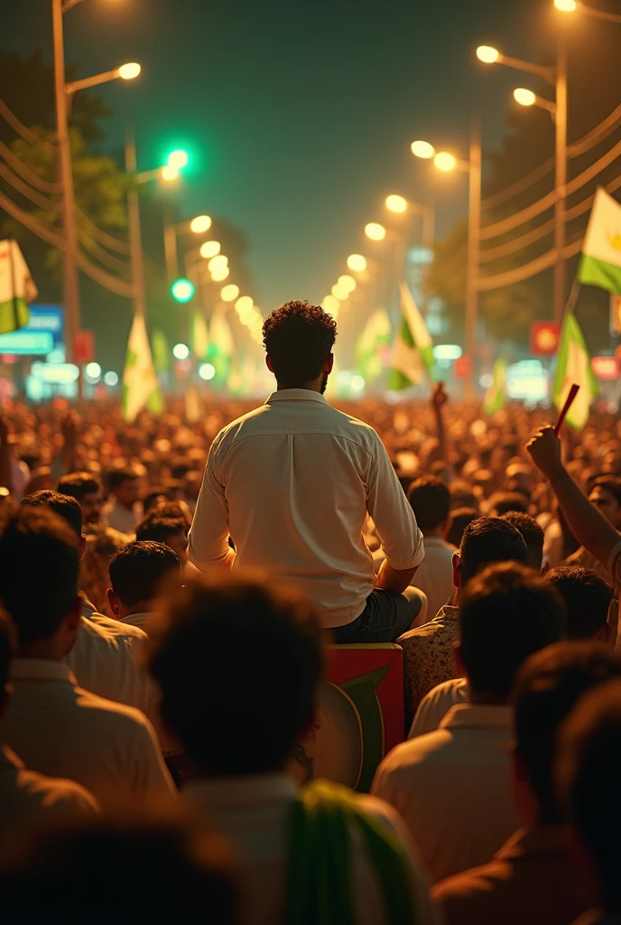 A large crowd of tamilnadu people of mostly men, gathered in a city street waving green flags and banners. In the center, a man with dark hair and beard wear white shirt is sitting in platform addressing crowda man face front view on a platform. Night time , creating a dramatic atmosphere golden sparkle,The entire front face should be visible clearly