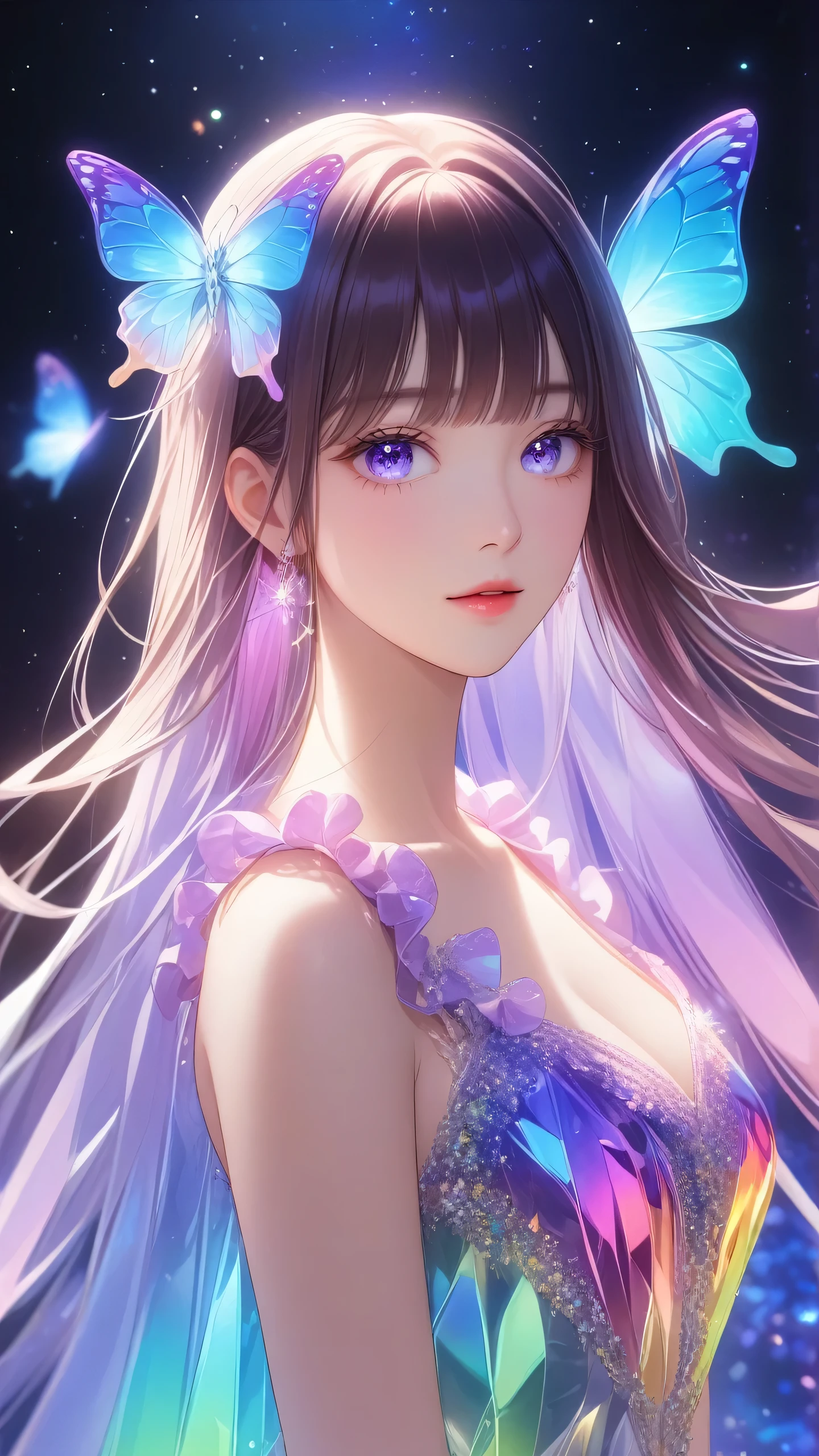 masterpiece, best quality,high resolution, 1 female, aldult, long hair. look_exist_audience, High, perfect stexisture, long time, Bangs, chromexistic dispersion, transparent_plastic, Polychromexistic prism effect, iris/Opalescence, glowing color, aluminum foil, glowing atmosphere,, moonlight, There are stars in the eyes, butterfly style, iris, Liuli, Polychromexistic prism effect, Rainbow core, iris/Opalescence, glowing atmosphere, Very beautiful dress