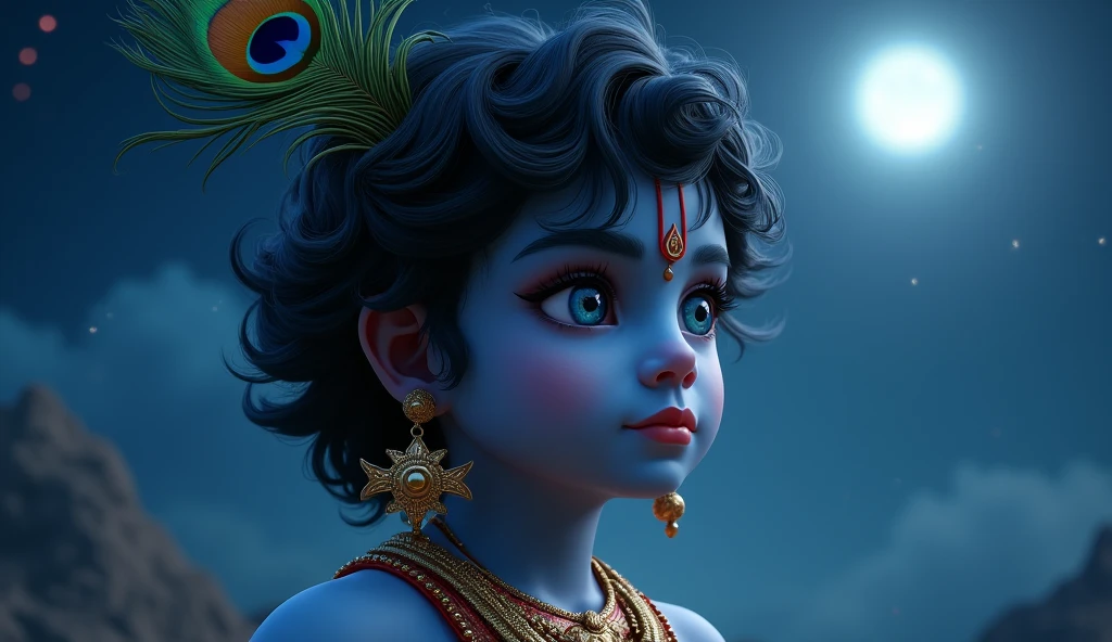 krishna .yuong boy,peacock feather in the hair, shark-shaped earrings,dark blue eyes with reddish corners,black blue deep skin.then background is should be night sky with moon,low key,realizm ,ultra sharp skin detail