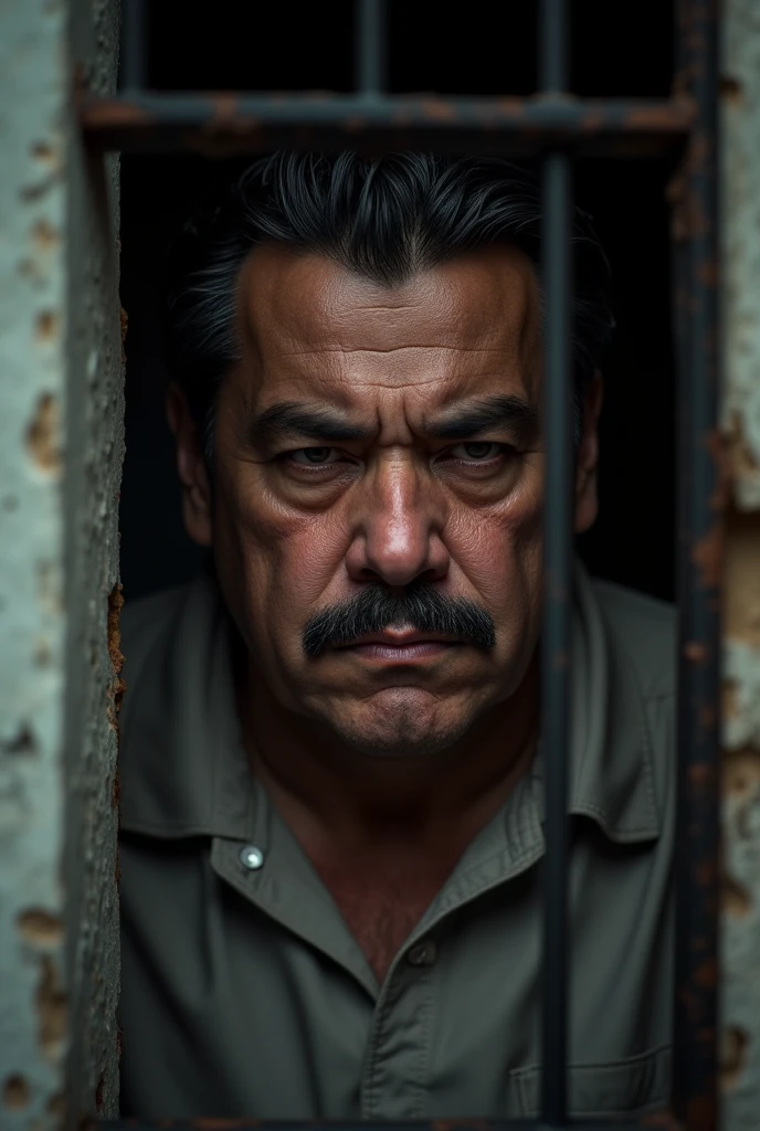 Hyperrealistic HD image of Nicolás Maduro in prison and sadly repentant 