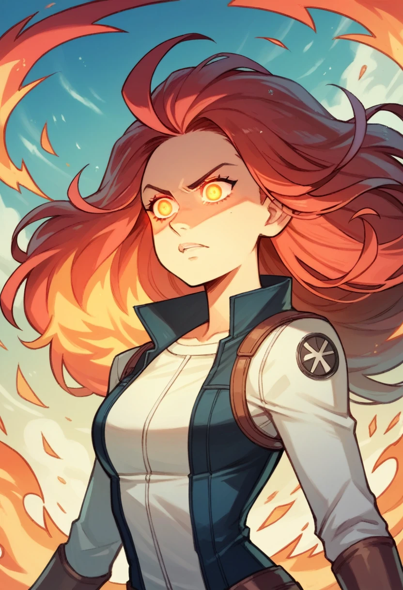 One girl, Milly alcock, white and black superheroine suit, red hair, long hair, fire hair, surrounded by flames, fire, glowing eyes, in the sky,