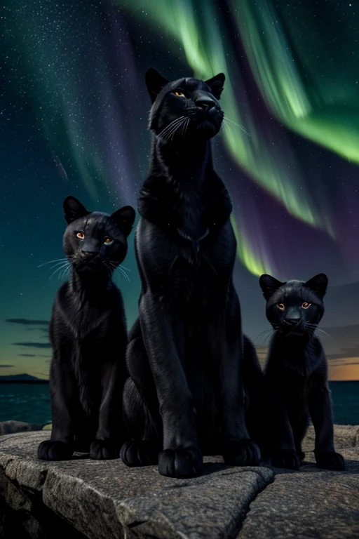Majestic black panther mom, with 3 (three!) small cute little cubs, sitting on the sea shore and gazing at the spectacular comet shower with multiple comets, with Aurora Borealis in the night sky. Masterpiece, hyper-detailed, intricate, best 8k quality, high-res, high resolution, RAWphotographgraphy, highest quality., cinematic, photorealistic, 8K