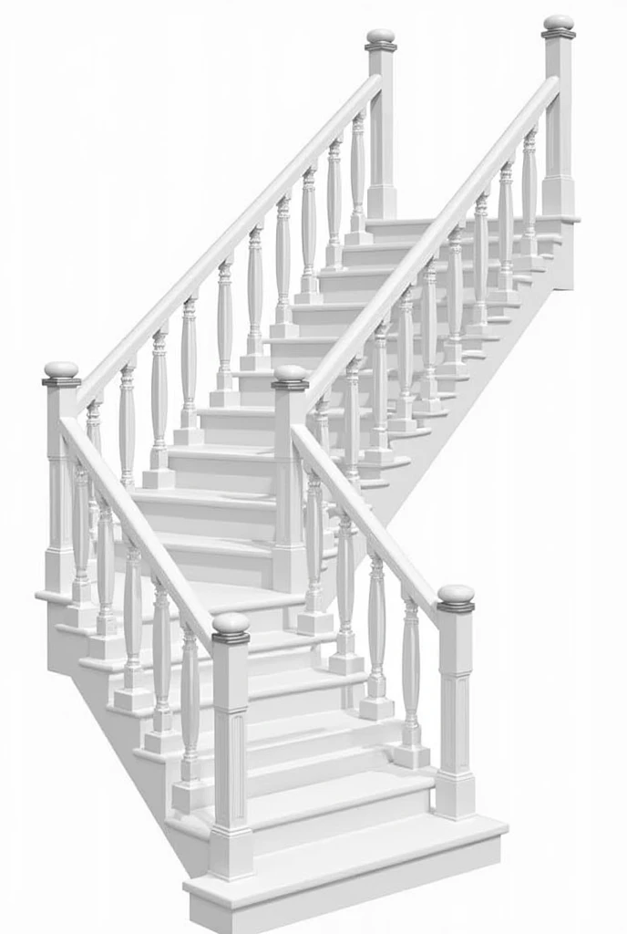 Generate a detailed image of a bifurcated staircase with the following components
1. Treads
2. Risers
3. Stringers
4. Handrail
5. Balusters
6. Newel post
7. Landing
8. Nosing