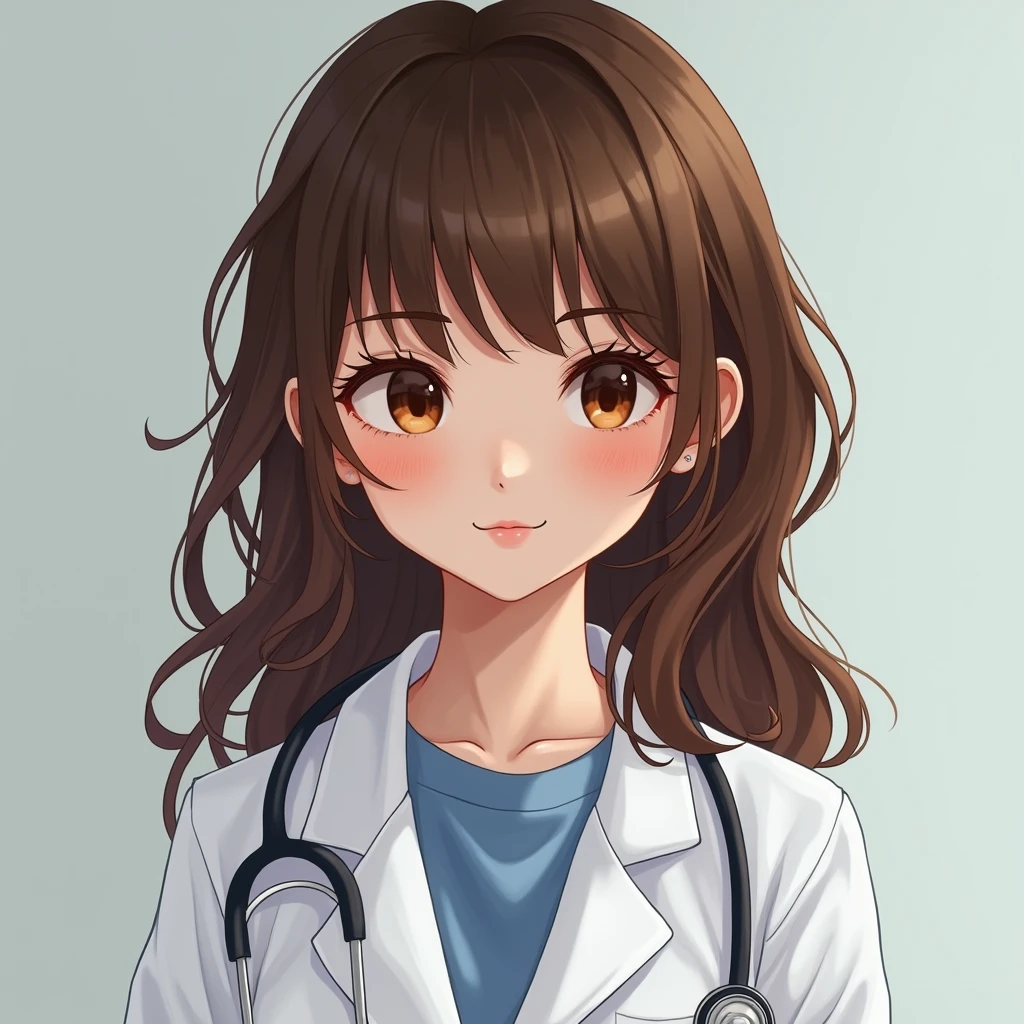 Pretty and adorable girl with brown hair, hairstyle is layers with curtain bangs + hazel sexy eyes wearing a doctor outfit