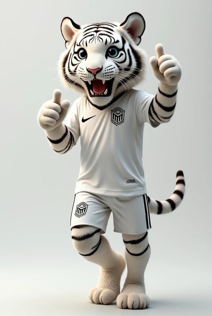 Photorealistic portrait of dressed animals: white tiger as a soccer player,( dynamic action pose, putting out the thumb, looking straight ahead), high quality,(charming) ,intricate details, Very detailed ((white soccer uniform)) ,Very detailed, (happy), studio lighting,(full body image:1.5)