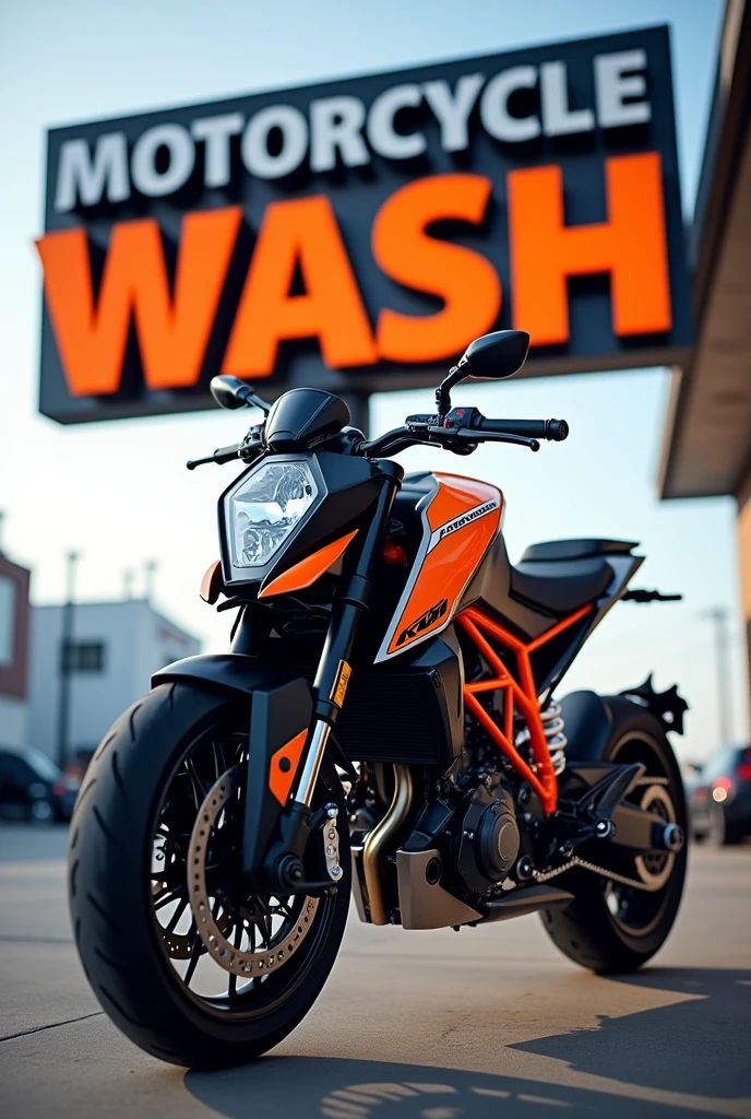 Sign for a car wash business called motorcycle wash that in the image has a KTM 450 Supermotar