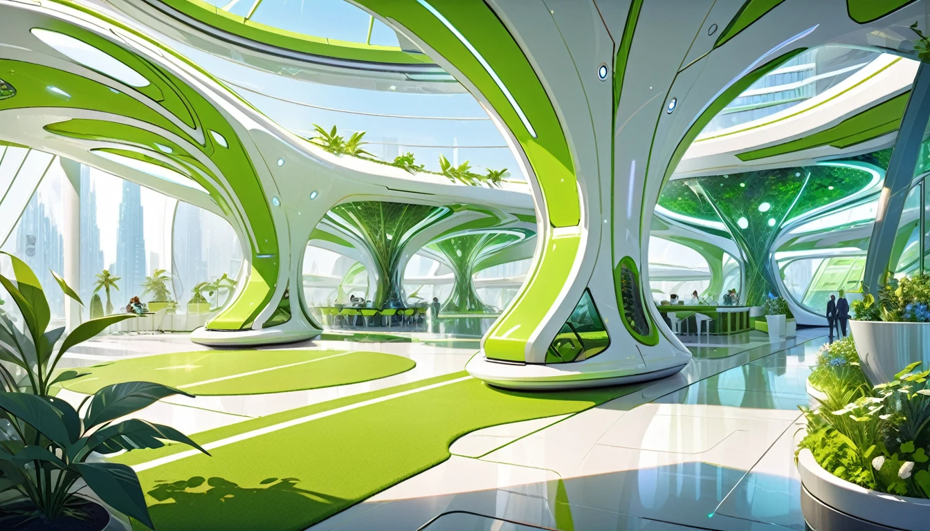 Detailed view of the lobby of a futuristic eco-friendly hotel, in a futuristic ecological green city.