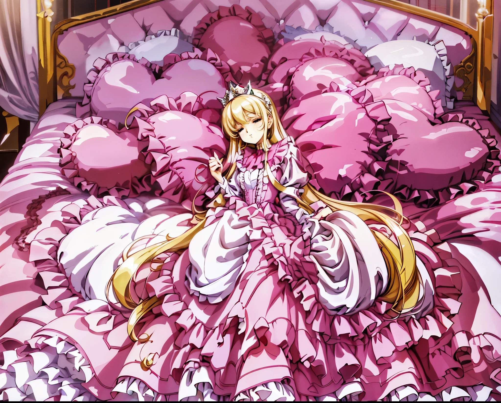 highest quality, masterpiece, highest resolution, artwork, super それにget used to it, many get used to it, get used to it, それにget used to it,(Loli), Girl, ,the girl is a princess,((girly dark pink satin fabric)), Long hair that reaches to the waist,((A Victorian ballgown dress with plenty of pink ruffles and bows and a voluminous full-length hoop skirt.)),long sleeve,((long dress that covers your legs)),A dress with lots of frills and ribbons..,luxury,((Palace bedroom)),((Huge square victorian canopy king size bed)),(((the girl is lying on the bed))),,(The girl is asleep),(((Sleeping Princess))),lots of frilly pillows,ruffle bed skirt,