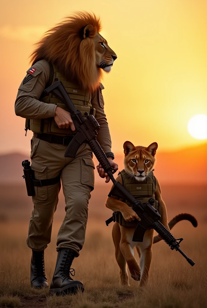  A muscular lion and a muscular cat both armed and in US special forces military gear on a savannah hill at sunset