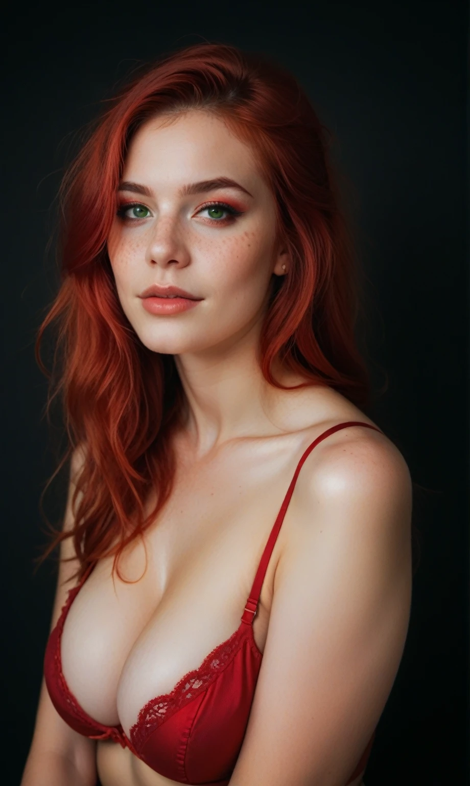score_9, score_8_up, score_7_up, score_6_up, score_5_up, score_4_up, realistic style, photo, photorealistic, high detail, (sharp), photo of a beautiful red-haired girl, long red hair, beautiful face, makeup, freckles, green eyes, curvy figure, large breasts, red bra, looking at viewer, black light, ((plain black background))