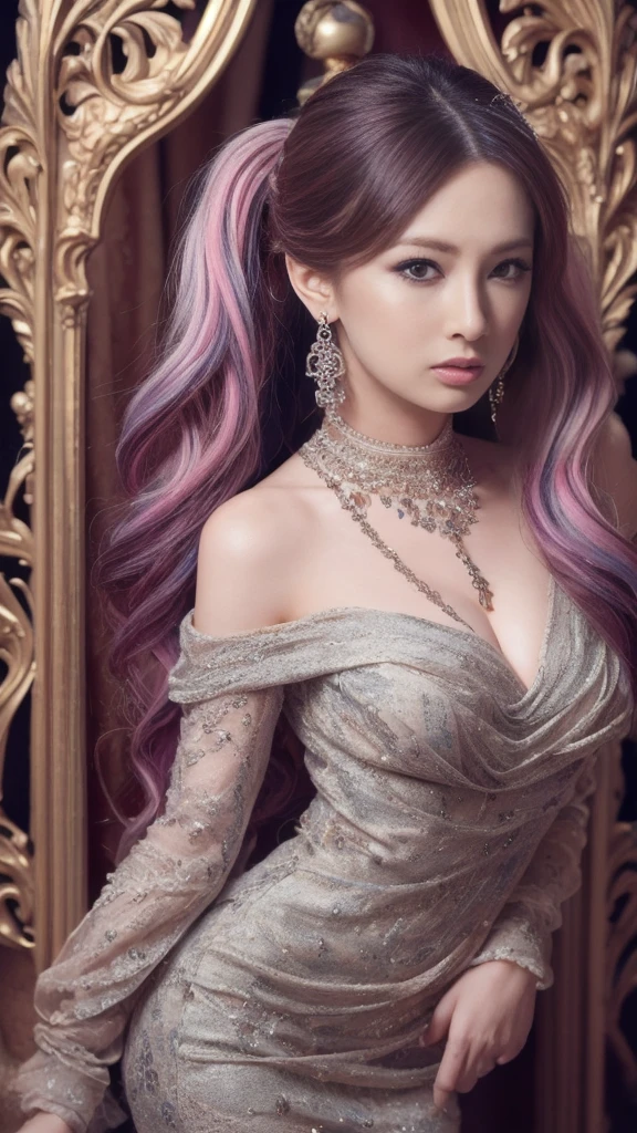 (masterpiece, top quality, best quality, official art, beautiful and aesthetic:1.2), (1girl), (fractal art:1.2),absurdres, highres, ultra detailed, Ultra-precise depiction, 独奏, (zentangle:1.2), floating hair, shiny skin, (abstract:1.2),(Platinum Jewelry)、(Big earrings)、Turquoise Necklace、(Lace-up silk dress)、Shoulder Bare、(Gal Makeup)、 thighs,looking at viewer, ((Nipple Covers)), long hair.sexy、Bun Hair、Silver Hair Ornament、Pink Hair、Twin tails、(Long slit)、Wavy Hair