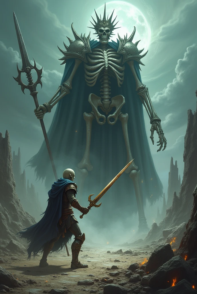 An epic battle between a skeleton and the skeleton king