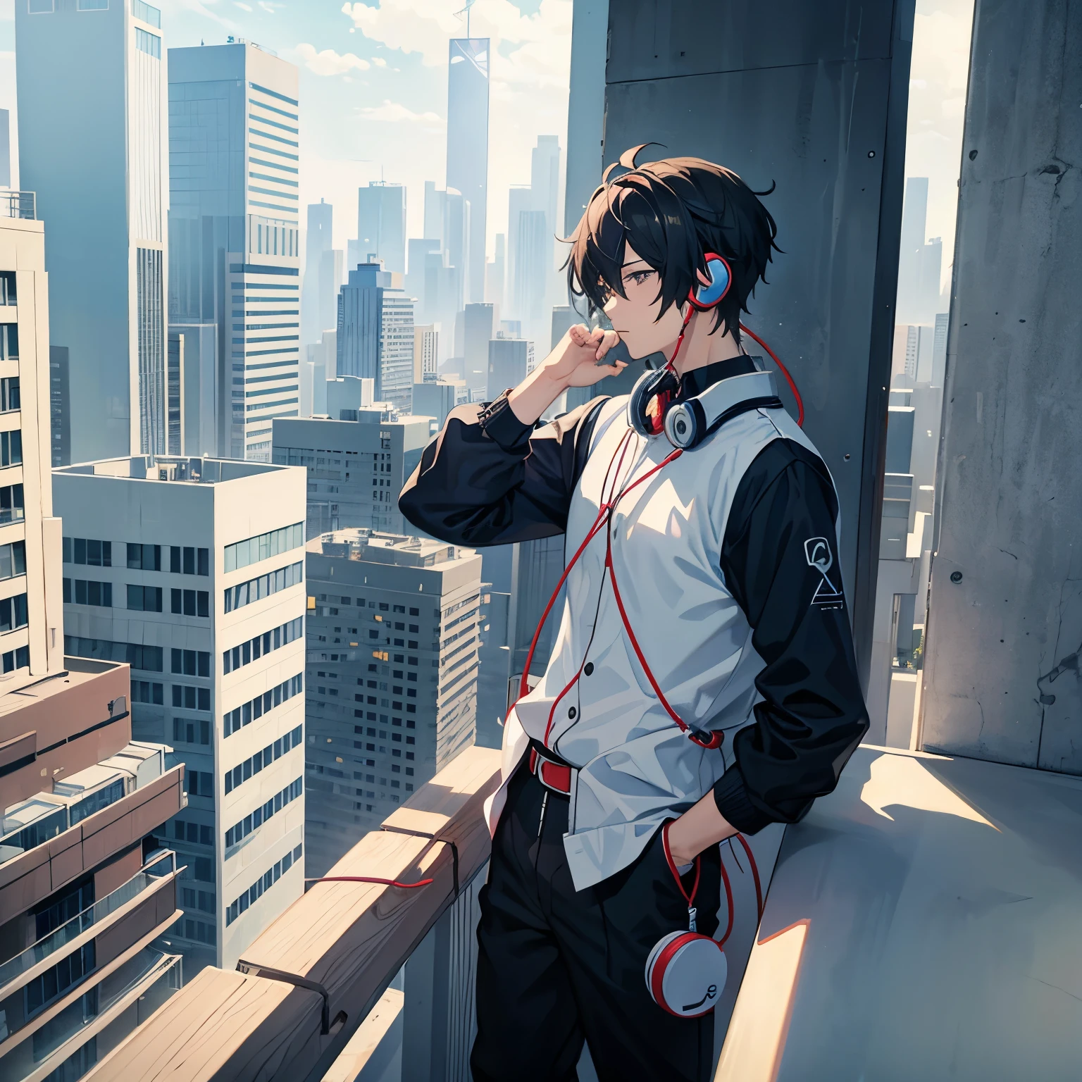 A male anime character listening to music through headphones and watching buildings from the roof of a building
