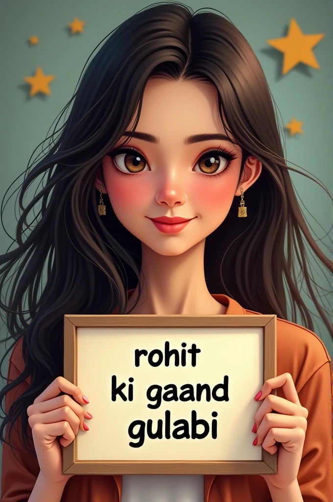 A beautiful girl with long hair caryy a notice board with text “rohit ki gaand gulabi”showing to viewers