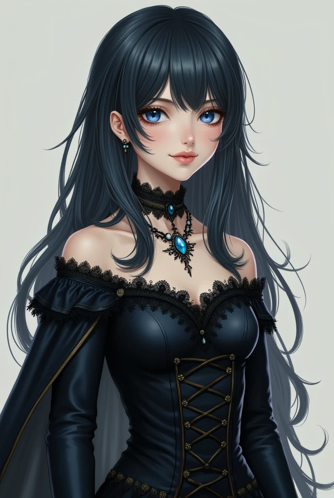 Face and Hair: Jeanne has a delicate and well-defined face., with youthful features that reflect both strength and a particular subtlety. His skin is pale, in contrast to her long, dark hair, that falls in soft waves to the middle of her back. The tips of her hair are lighter, almost silver, which gives it an ethereal touch. She wears bangs that frame her face., adding an air of mystery to your look.
eyes: His eyes are large and expressive, of a deep blue color that evokes both sweetness and intensity. They have an almond shape, which gives them an enigmatic air. Her eyelashes are long and contribute to the expressiveness of her face..
outfit: Jeanne wears an elegant and detailed dress, which combines elements of both Victorian fashion and a Gothic aesthetic. The dress is mainly black, with lace and ruffle details. The top of the dress is tight, with a moderate neckline, and the sleeves are long, with a design resembling light armor or a corset. around your waist, She wears a belt or ribbon that accentuates her figure.
Accessories: Jeanne often wears a distinctive necklace that highlights her neck., and some versions of the character show her with long gloves that cover up to the elbow. You could also have a cape or light coat that complements your outfit., adding grace to their movements.
Posture and Expression: Regarding his position, Jeanne presents herself with a dignified and determined attitude. Their usual expression can vary from a serious and concentrated look to a soft and understanding smile., reflecting its emotional complexity.
Additional Details: It is important to note that Jeanne has an air of mystery and nobility., which can be captured in the way he holds his body and the direction of his gaze.
With these characteristics, An artist may depict Jeanne with a focus on her elegance, its strength and emotional depth.