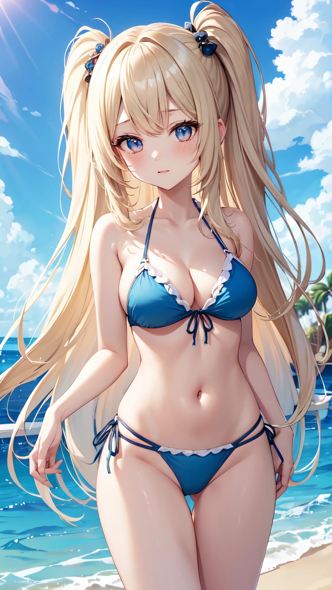 ((Best Quality)), (ultra-detailliert), ((Extremely detailed)), (Beautiful), ((Kawaii Girl)), ((UHD)), (masterpiece), (high quality), (best quality), (4K), (high quality), 1, solo girl, 1girl, ((platinum blond hair)), parted bangs, ((hair intakes)), long hair, (hair two side up long), ((jade colored eyes)), slanted eyes, large breasts, slender body, layered bikini, Pool Background, (blue sky:1.3), solar, sunlight, anime style