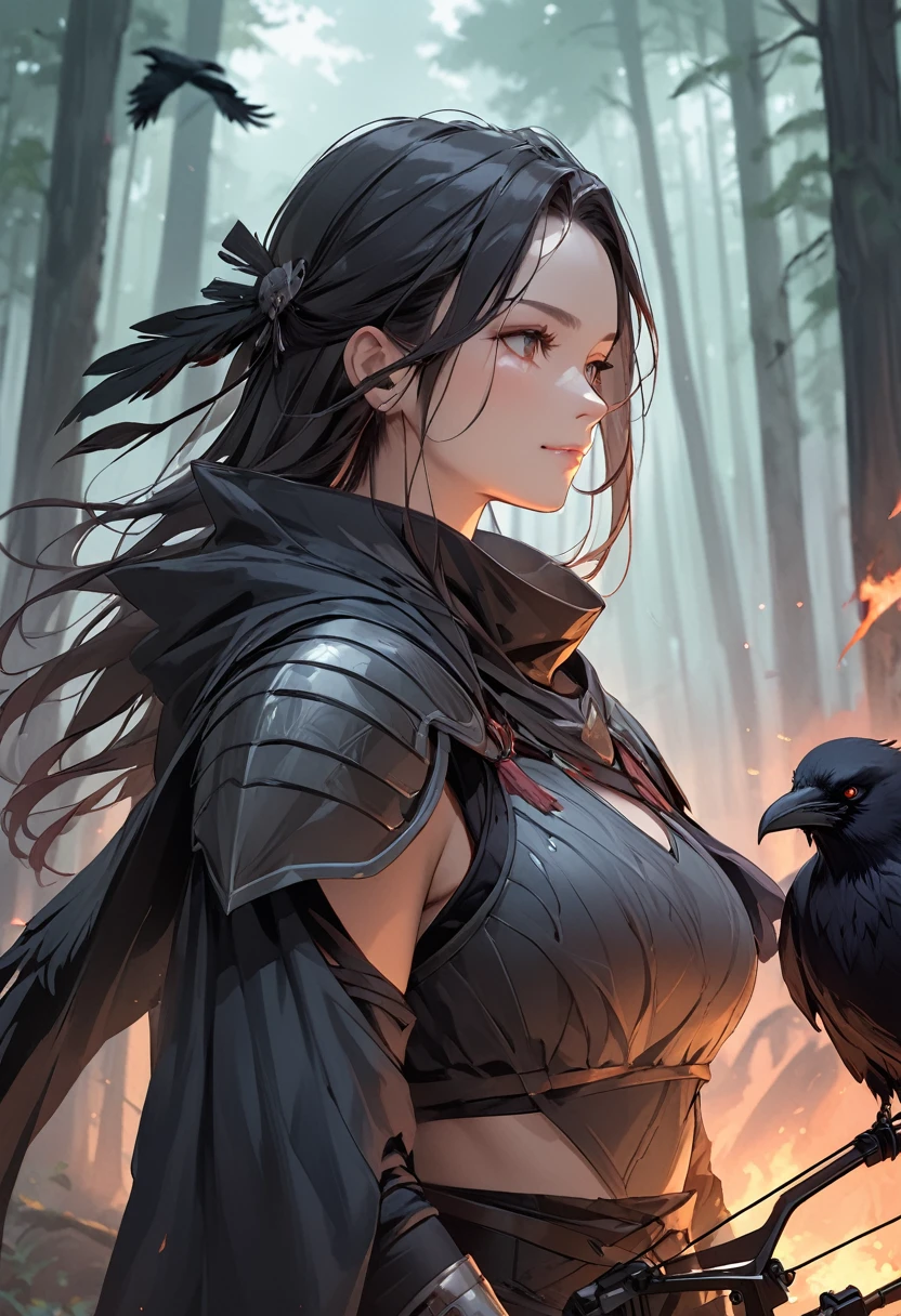 (masterpiece:1.5),(Beat quality),(high res),1girl solo,beautiful face,smile,upper body,Warrior Woman,Holding a bow,inflammation,Crow,forest