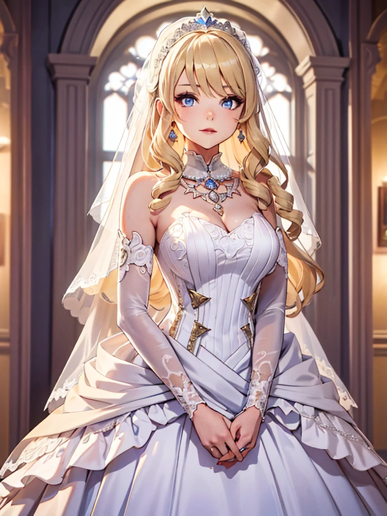 (Navia), 1girl, as a bride, wearing a white colour wedding frock, at a wedding ceremony, blonde hair, 8k, high detailed, high quality