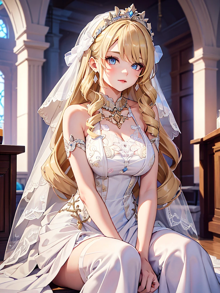 (Navia), 1girl, as a bride, wearing a white colour wedding frock, at a wedding ceremony, blonde hair, 8k, high detailed, high quality