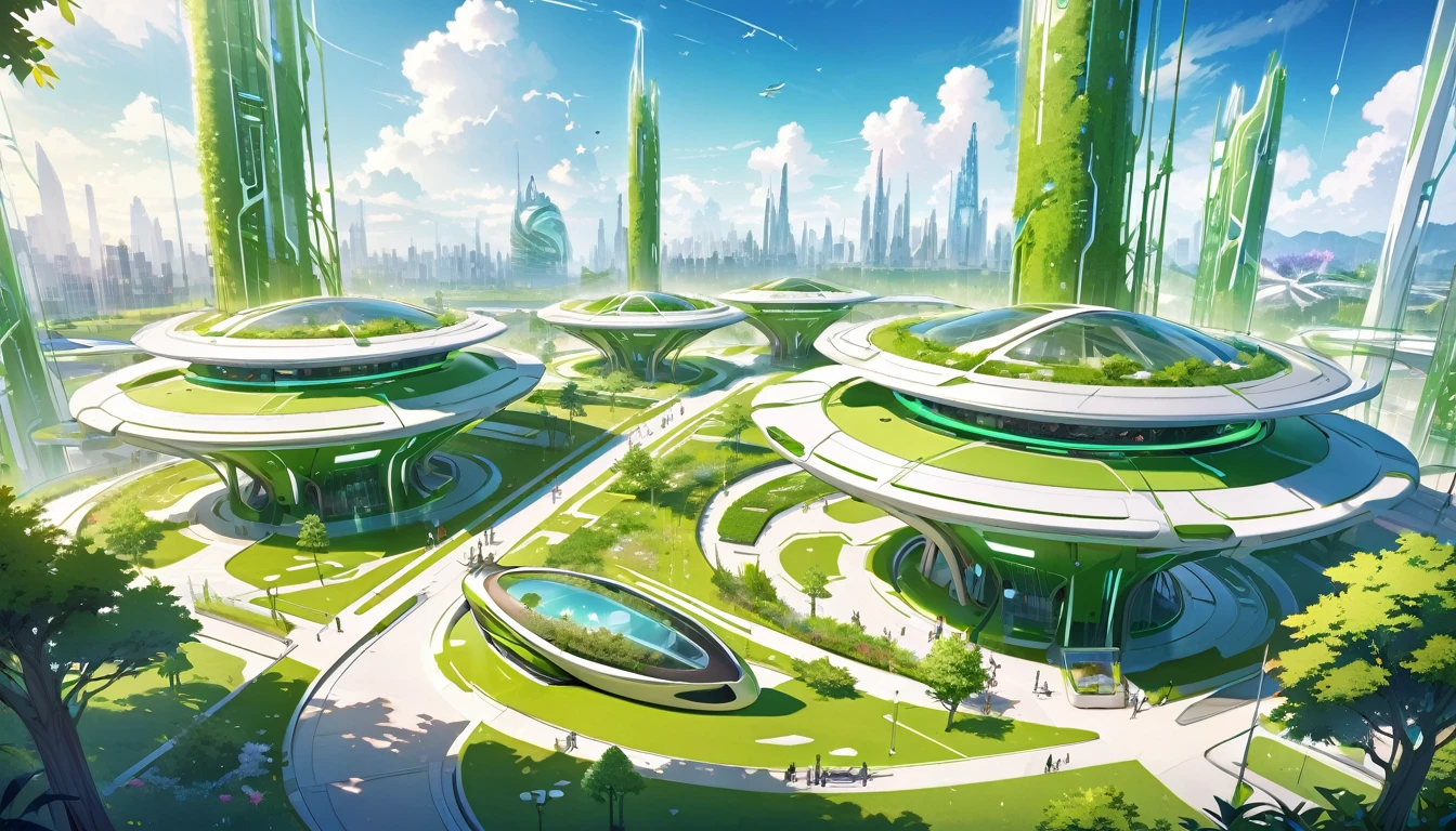 View of a futuristic ecological park, in a futuristic ecological green city.