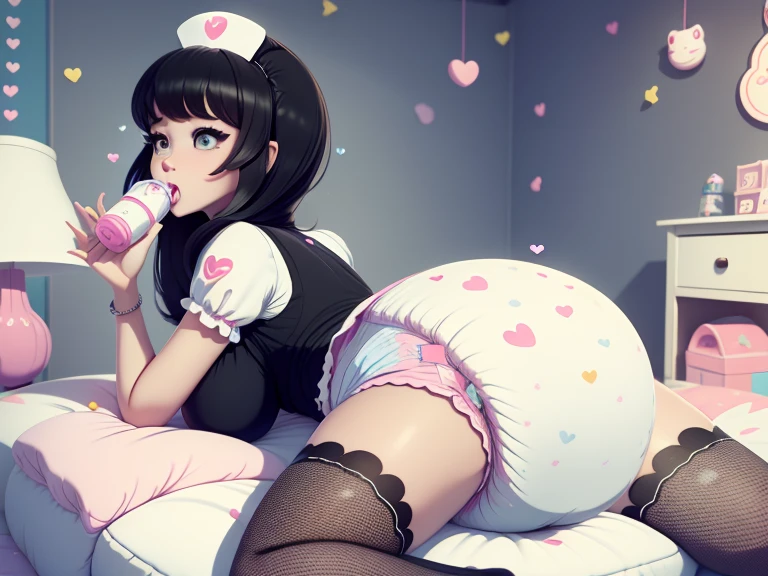 A confident mommydom wearing a big bulbous puffy diaper, heart emojis, bedroom, fishnet stockings, pretty eyes, seductive, flirty, colorful, puffy dress,  room, diapers, confetti, cake,Black Silk,Trojans,Maid costume,The girl is drinking from the bottle and holding a  toy,She is wearing a nurse's uniform,She stuck out her tongue and looked like she was enjoying it