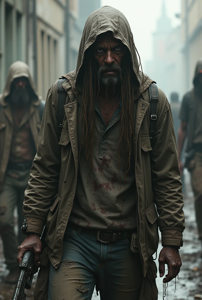 Dirty homeless with gun in zombie apocalypse, digital art