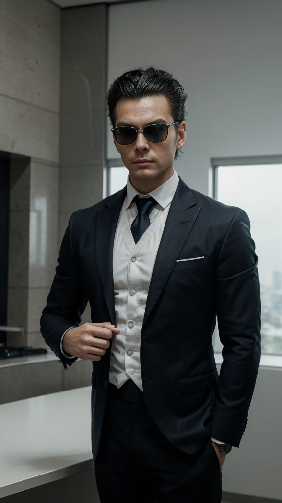 Create an ultra-realistic image of a man inspired by Vegeta from Dragon Ball, with a businessman look. Include the following details:

- Hair: styled upward in a spiky, jet-black fashion, reminiscent of Vegeta's iconic hairstyle
- Eyes: sharp and intense, with a focused gaze, visible through lightly tinted sunglasses
- Skin: fair complexion, with strong, defined facial features
- Expression: confident and assertive, with a slight smirk
- Clothing: a tailored, dark blue business suit with a crisp white shirt and a sleek black tie
- Accessories: lightly tinted sunglasses, reflecting light, and a smart watch on his wrist
- Posture: standing confidently with an upright posture, one hand adjusting his tie
- Background: a sleek, modern office environment with minimalistic design elements
- Lighting: professional, even lighting to accentuate facial features and the texture of the suit
- Style: hyper-realistic with attention to detail in facial features, clothing texture, and overall presentation
- Look: exuding power and authority, capturing the essence of a high-powered businessman