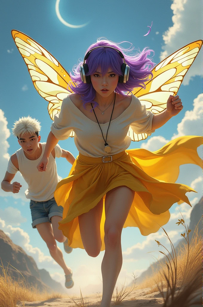 Young white hair man running away from Korean purple hair butterfly woman with headphone and gold skirt 