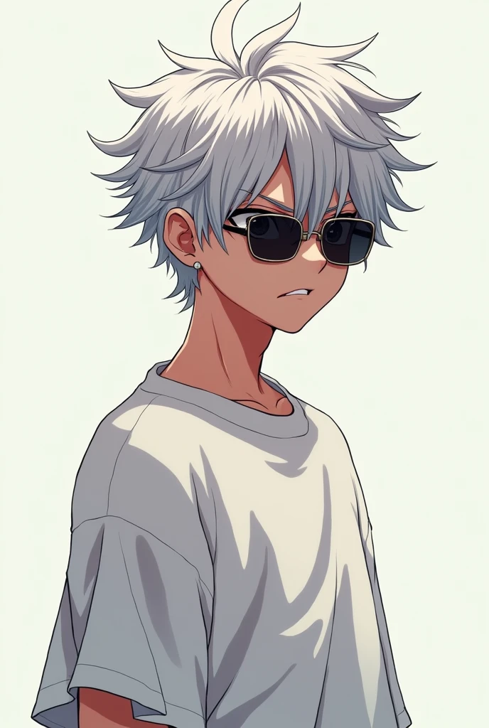 Create a young man anime image, lightcolor, white oversize t-shirt , White hair, full of anger , and sunglasses