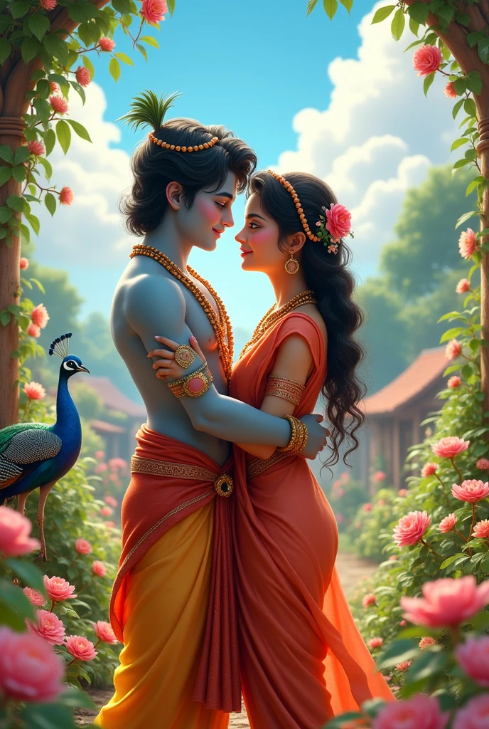 Krishna Radha Cute pose 20 years old in village , create high quality realistic image, Landscape of a village, bight sky, vibrant colors, looking with smile, environment is background is of garden, image should ultra clear, hyper realistic, high quality 4k , peacock and birds