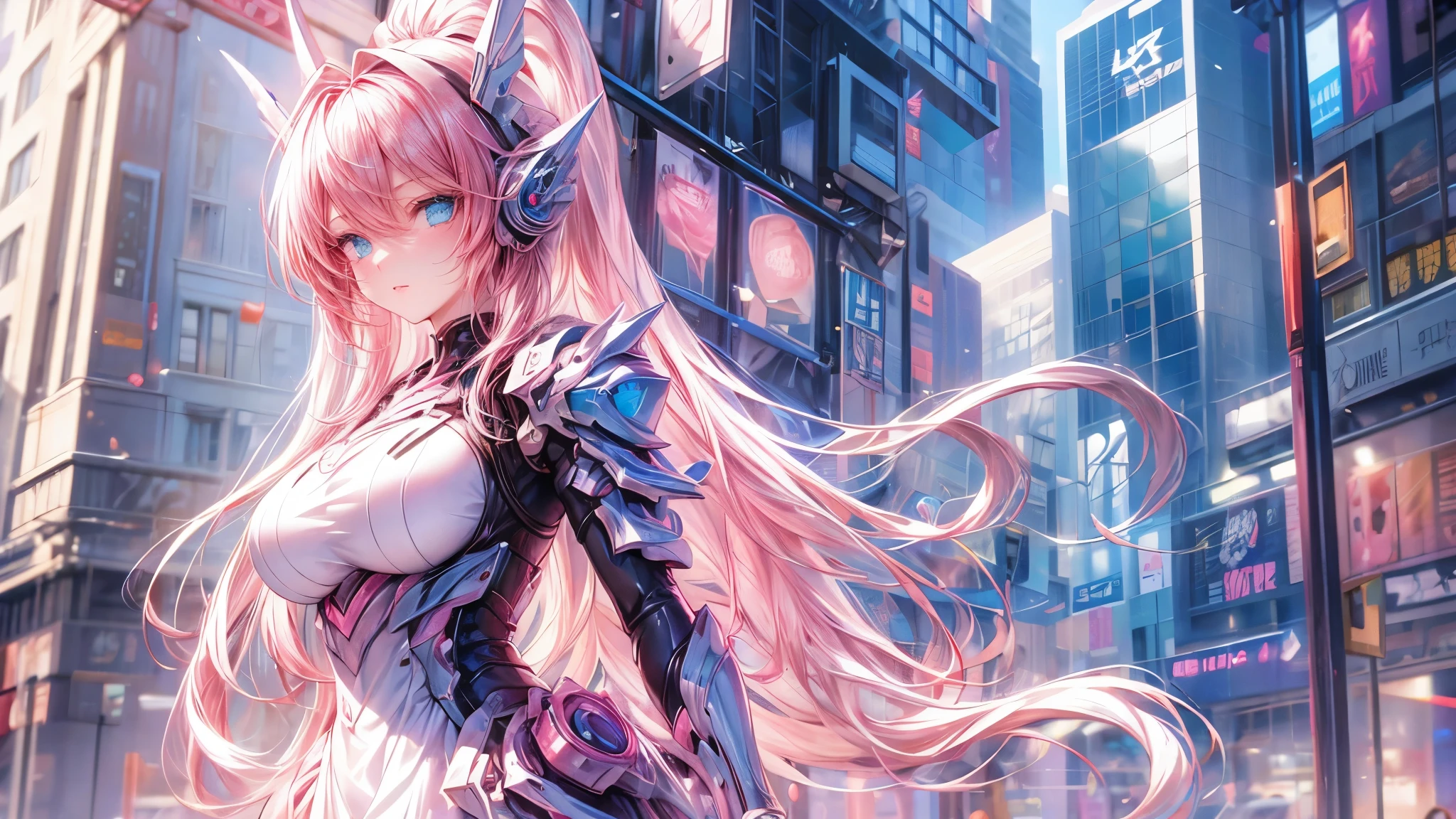 an anime girl, beautiful, pink hair, blue eyes, ojos beautifuls y definidos, modern pink dress, in the background of the city, beautiful, very detailed graphics, modern style art