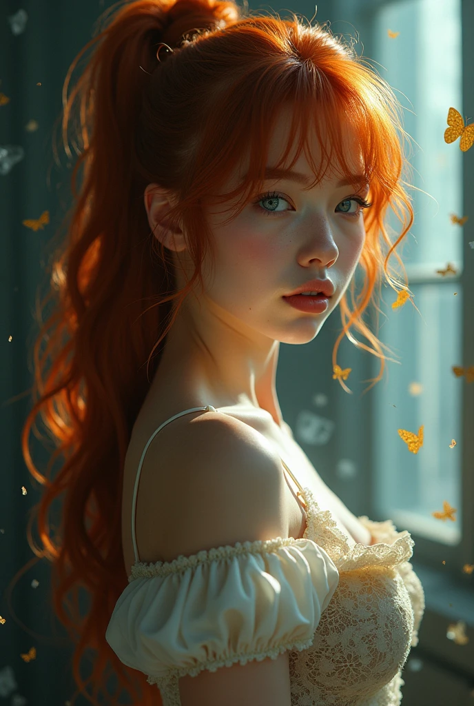 (solo, full body photo:1.3), (action packed:1.3), (haze, fog, mist:1.3), chiaroscuro, best quality, photorealistic, 1woman, (cute), (24yo:1.2), redhead, long ginger hair highly detailed, 1700'S, digital photography, art by artgerm and ruan jia and greg rutkowski surreal painting gold butterfly filigree, broken glass, (masterpiece, sidelighting, finely detailed Fashionable eyes: 1.2) (perfect oval large eyes that gazes at the viewer), beautiful detailed face, blue gorgeous perfect eyes, (blonde hair ponytail), (attractive young woman:1.3), (thick amazing hair), (seductive:1.1), (blushing:1.1)