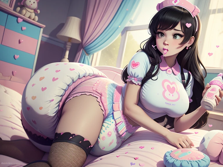 A confident mommydom wearing a big bulbous puffy diaper, heart emojis, bedroom, fishnet stockings, pretty eyes, seductive, flirty, colorful, puffy dress,  room, diapers, confetti, cake,Black Silk,Trojans,Maid costume,The girl is drinking from the bottle and holding a  toy,She is wearing a nurse's uniform.