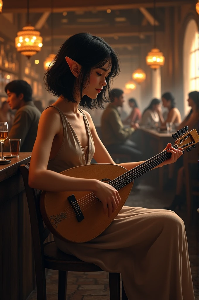 female elf bar qith short black hair and a lute