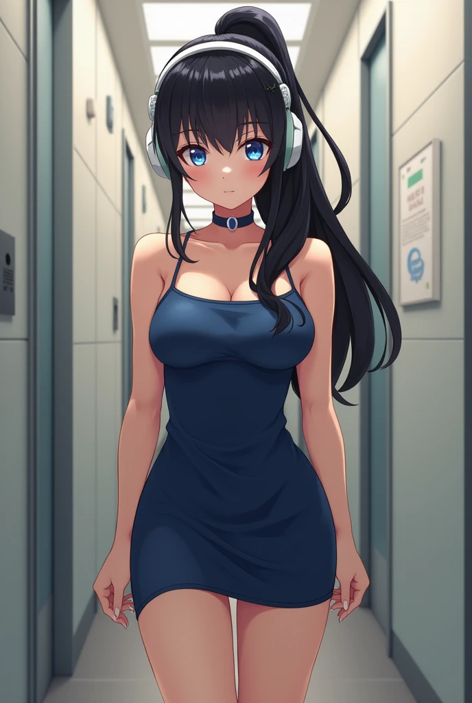 girl, long hair, ponytail, black hair, headphones, blue eyes!!!, color contact lenses, crystal earrings, light smile, heavy breathing, modern, Realism, UHD, masterpiece, super detail, small neckless, full body, looking at viewer, at the bathroom, ping tight dress, legs, toes
