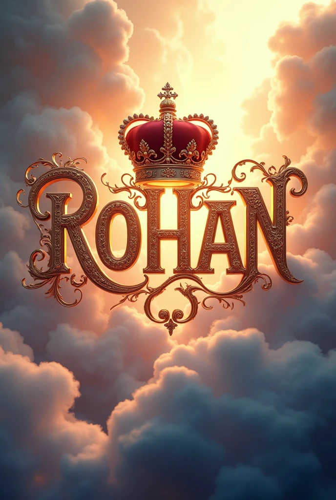 A very beautifully decorated name ROHAN with a crown surrounded by clouds in bright light

