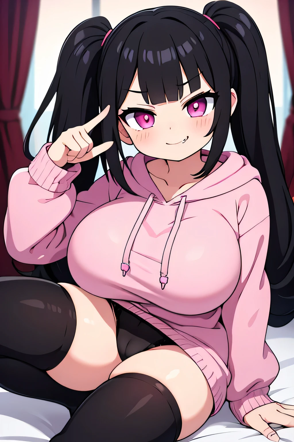 best quality, expressive eyes, perfect face, black hair, long twintails, straight bangs, pink eyes, smirking expression, pink hoodie, black thigh highs, pink lips, black panties, big breasts, adult, pinching finger, evil 