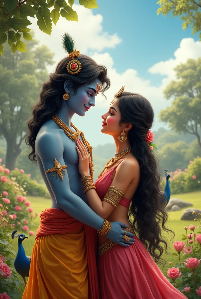Krishna Radha Cute pose 20 years old in village , create high quality realistic image, Landscape of a village, bight sky, vibrant colors, looking with smile, environment is background is of garden, image should ultra clear, hyper realistic, high quality 4k , peacock and birds