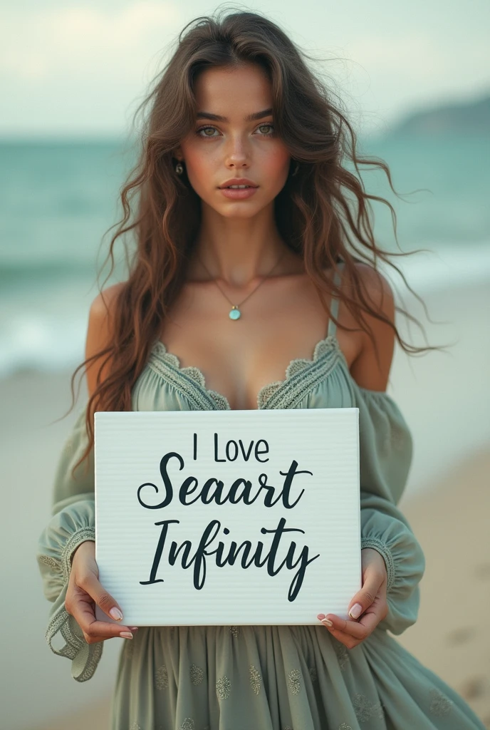 Beautiful girl with wavy long hair, bohemian dress, holding a white board with text "I Love Seaart Infinity" and showing it to the viewer