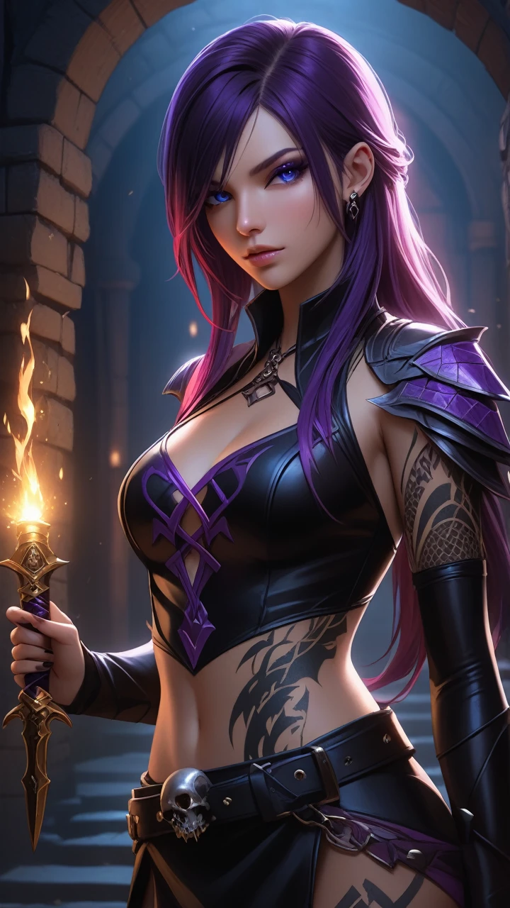 a detailed portrait of a female assassin in a dark fantasy setting, with long flowing hair in shades of black and purple, Tattood on the face, piercing blue eyes that emanate a sense of danger [detailed eyes, piercing blue:1.1], wearing a sleek black leather outfit [black leather outfit], adorned with intricate tattoos all over her body [intricate tattoos:1.1], including dragon scales on her arms [dragon scale tattoos] and an elaborate skull design on her back [skull tattoo:1.1]. She stands in a dimly lit underground chamber [dimly lit underground chamber], holding a (curved dagger), The scene is illuminated with flickering torches [flickering torches], casting shadows and enhancing the suspenseful atmosphere. The color palette is predominantly dark and moody, with hints of red and purple accents [dark and moody color palette, red and purple accents], creating a sense of mystery and danger. The lighting emphasizes the sharp edges and intricate details of the assassin's attire and tattoos, adding depth and texture to the overall composition [emphasis on sharp edges, intricate details]. The image is of the highest quality, with extreme attention to detail [best quality, extreme attention to detail:1.2], showcasing the artist's technical expertise and mastery of light and shadow. The art style is realistic yet with a touch of fantasy, capturing the essence of the dark and intriguing world of Dungeons & Dragons [realistic art style with a touch of fantasy].